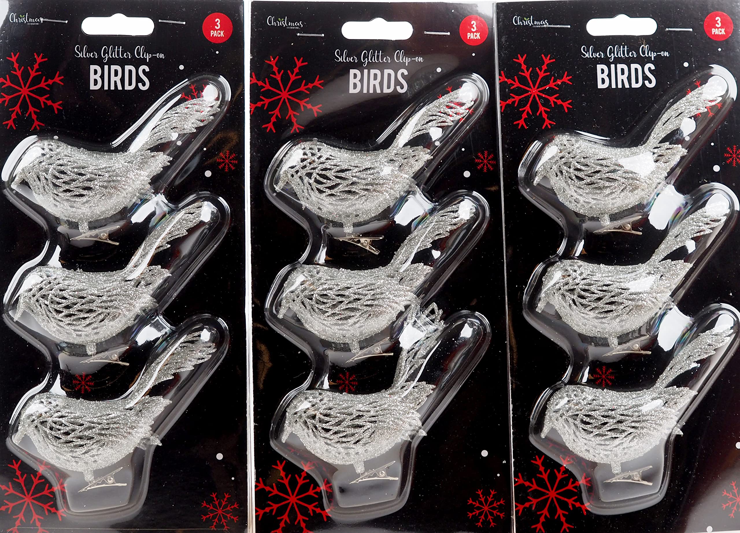 Gem Imports Silver Glitter Encrusted Clip On Birds Christmas Tree Decorations (Set of 9)