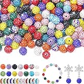 256pcs 10mm Rhinestone Beads for Jewelry Making, Color Mixing Shiny Round Shamballa Disco Ball Beads Bulk, Pave Baseball Necklace Sparkle Crystal Clay Bead for DIY Crafts Making Bracelets Earrings