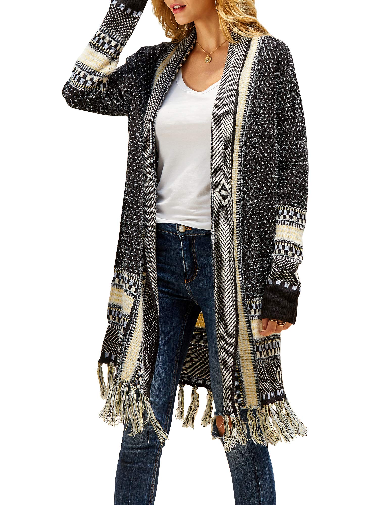 Photo 1 of FERBIA Women Boho Cardigan Sweater Long Open Front Maxi Knit Sweaters Aztec Tribal Tassel Fringe Thin Coat