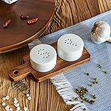 Modern Round Cute Salt and Pepper Shakers Set with Acacia Wooden Tray, Rich White Porcelain Salt and Pepper Set for Minimalis