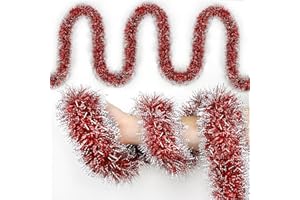 TIFESON 50FT Christmas Tinsel Garland Red Metallic Twist Xmas Frosted Tip Hanging Garland for Christmas Tree Decoration Indoor Outdoor Home Holiday Party Decor