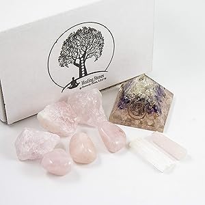 Rose Quartz Healing Crystals For Love & Healthy Relationships - Pink Quartz Crystal Kit - Orgonite Pyramid With Amethyst, Rose Quartz Crystal & Clear Quartz - Raw Selenite For Charging and Cleansing