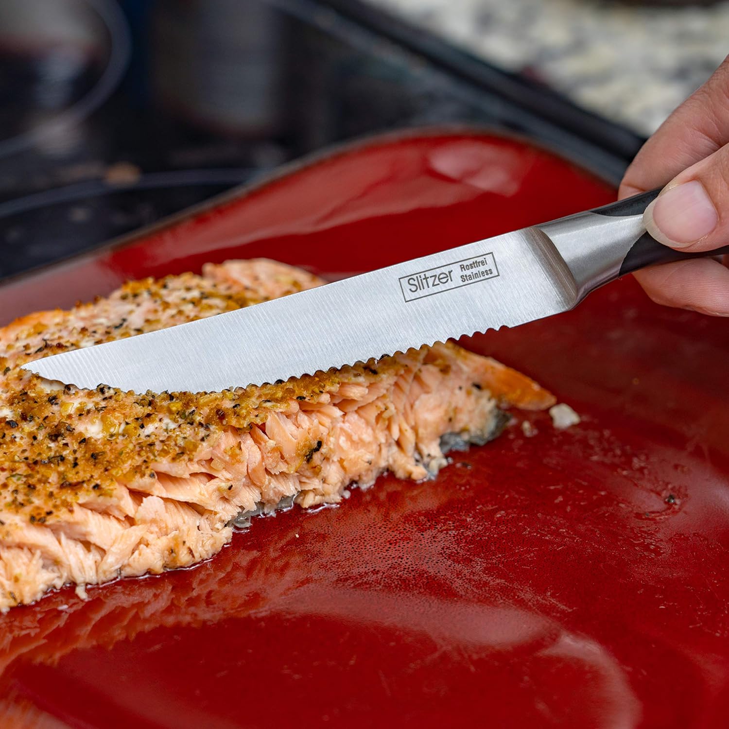 Maxam Slitzer Germany 4-Piece Steak Knife Set - 9 1/8 Inch Stainless Steel Serrated Blade, Full Tang Handle with ABS Overlay - Premium Cutlery, Sharp Slicing Edge for Thick Meat: Kitchen & Dining