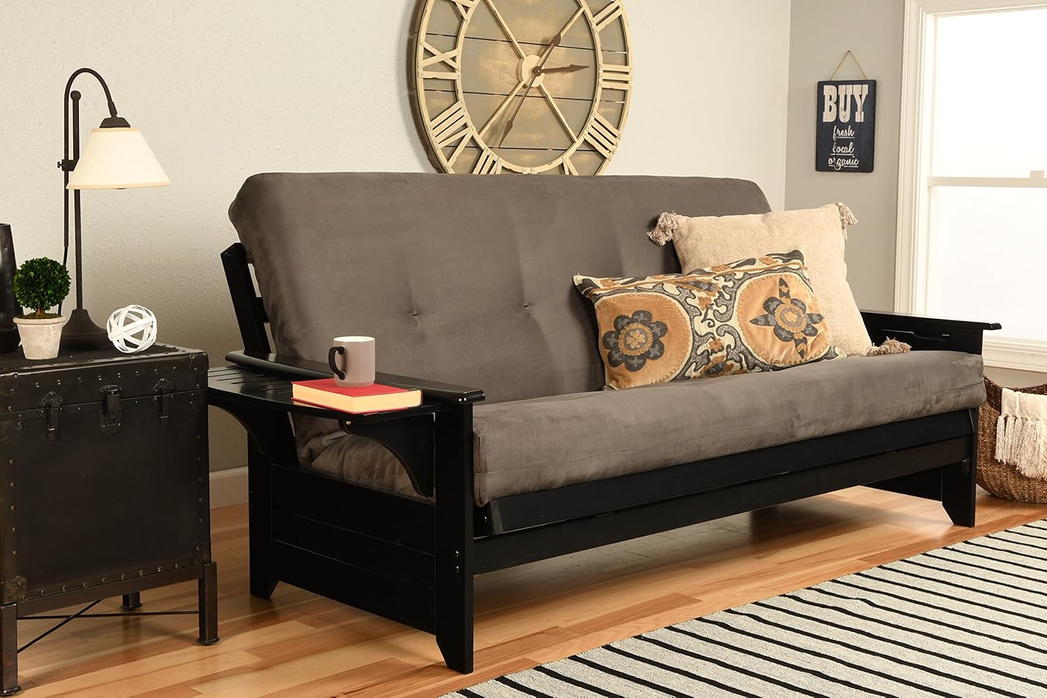 Kodiak Furniture Phoenix Futon Set with Black Finish, No Drawers, Suede Gray Mattress