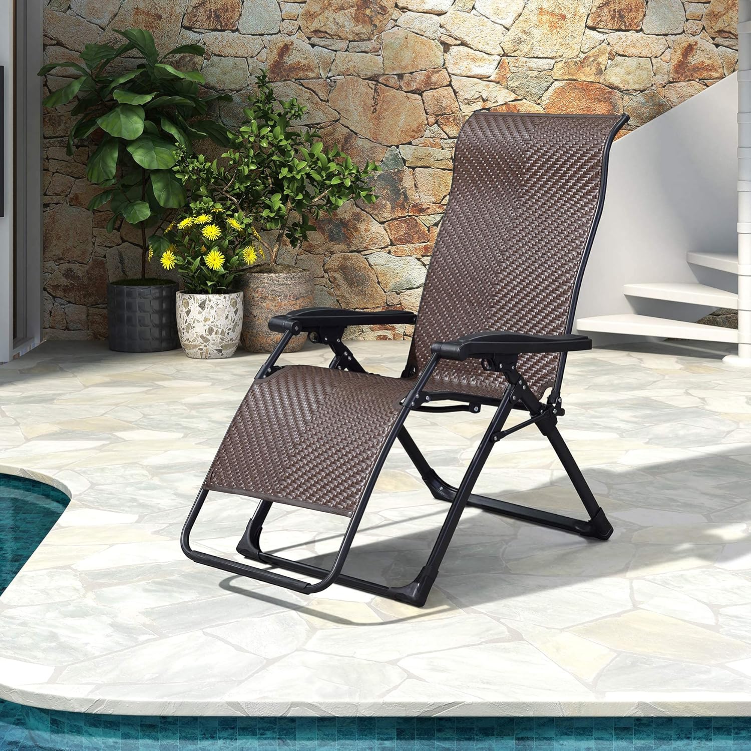 Lounge Chair Patio Folding Wicker Zero Gravity Recliner Chairs Indoor Living Room Lawn Camping Pool Lounger for Beach Sun Bathing Tanning Deck Outside Rattan Reclining Chair, Bronze: Kitchen & Dining