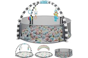 JOY & LOTUS 5 in 1 Newborn Activity Gym and Ball Pit - Baby Play Gym with 6 Toys, Balls, Tummy Pillow, Tummy Time Play Mat - Easy to Set up Baby Activity Mat
