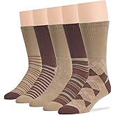 7BIGSTARS KINGDOM Men's Diabetic Extra Wide Dress Crew Socks - 5 Pack Large - Argyle, Stripe, Geometric Pattern - Sock Size 10-13 Shoe Size 9-12 L Khaki, Brown, Beige