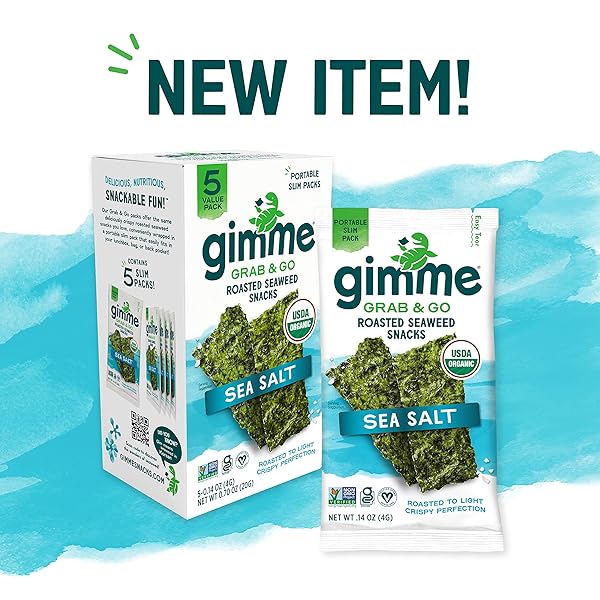 GIMME SEAWEED GRAB & GO ORGANIC PREMIUM ROASTED SEAWEED SNACKS, SEA SALT, 5 COUNT TRAYLESS, KETO, VEGAN, GLUTEN-FREE, GREAT SOURCE OF OMEGA3S AND IODINE, HEALTHY ON-THE-GO SNACK FOR KIDS AND ADULTS