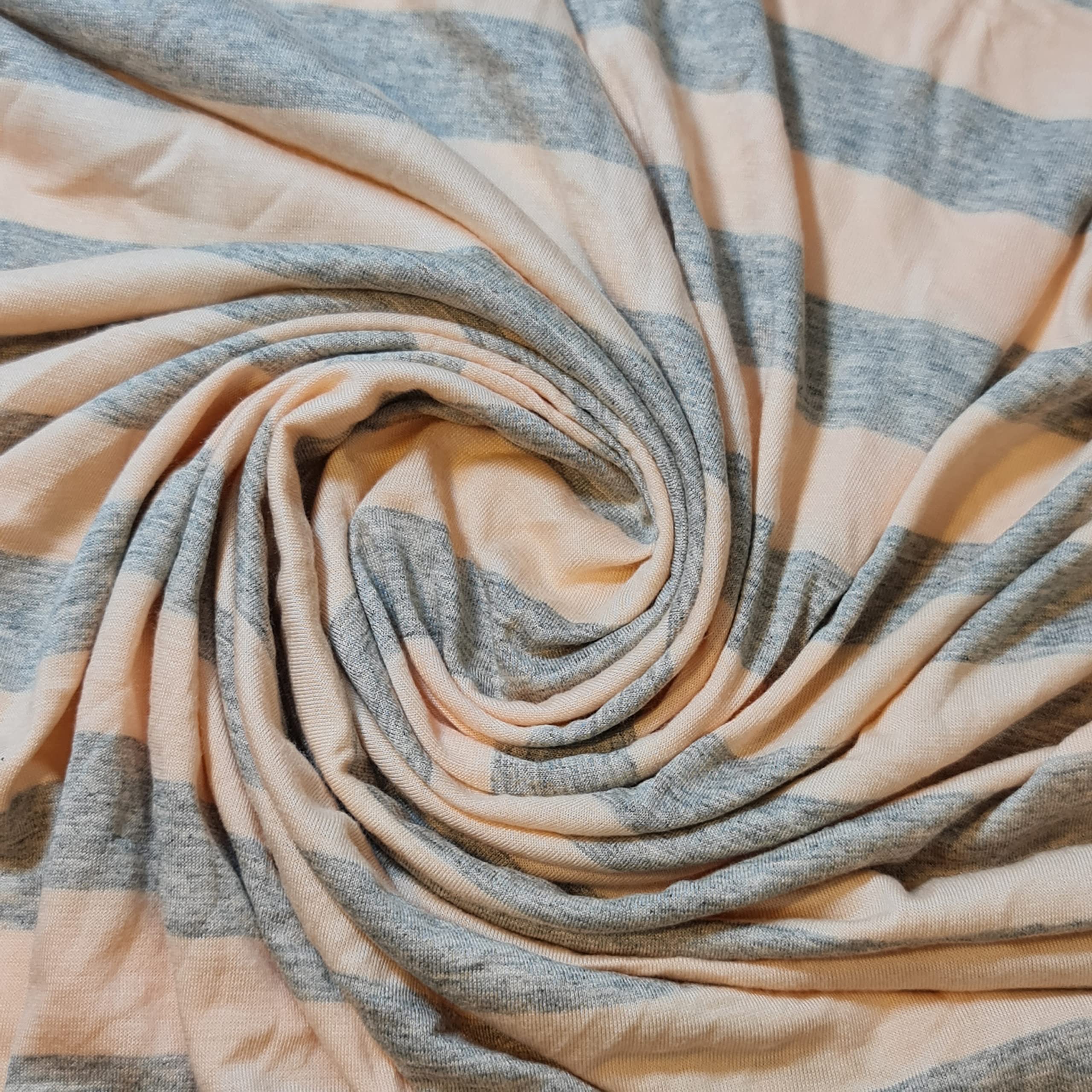 Soft Plain/Printed Cotton Jersey Stretch Knit T Shirt Baby Grow Craft Fabric Material 58" - 150 cm Wide Sold As 1 Meter Pre - Cut Lengths (Peach Grey Stripe)