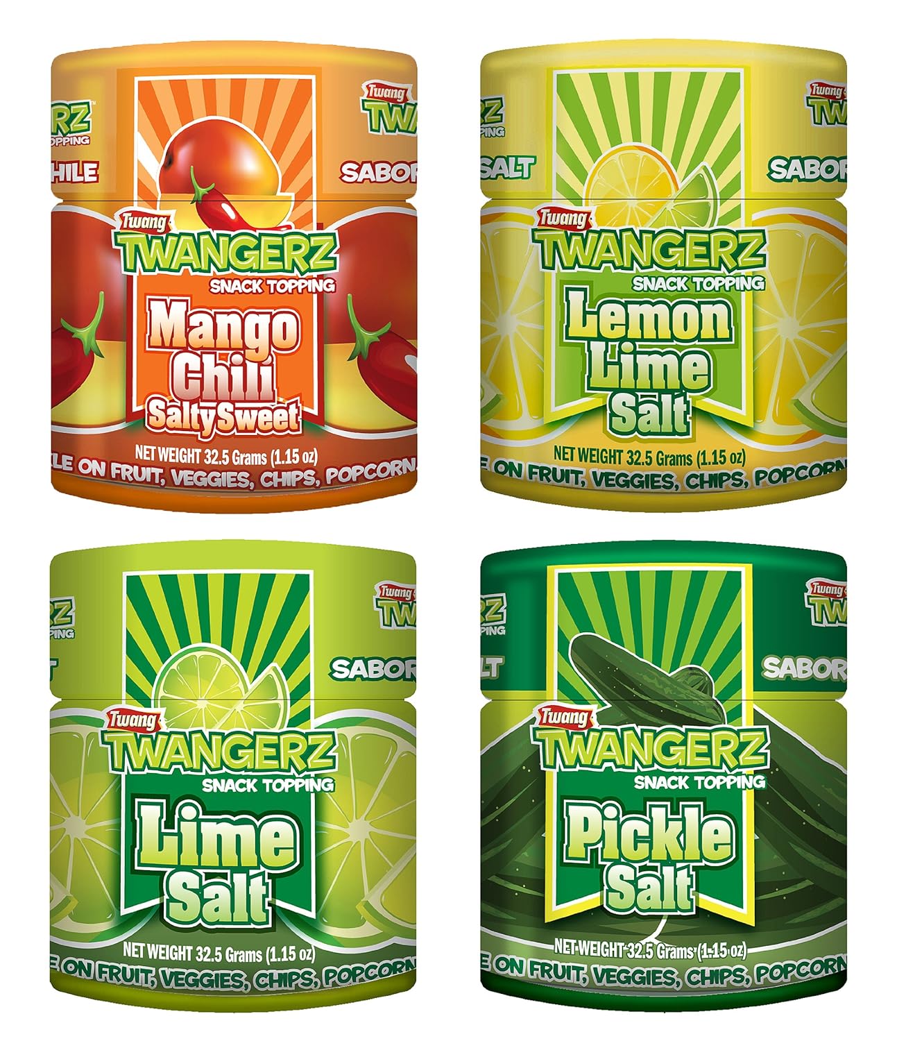 Twang Twangerz Flavored Salt Snack Topping - Lime, Lemon Lime, Mango Chili & Dill Pickle (Assorted, 4 Pack) : Popcorn Seasoning : Grocery & Gourmet Food