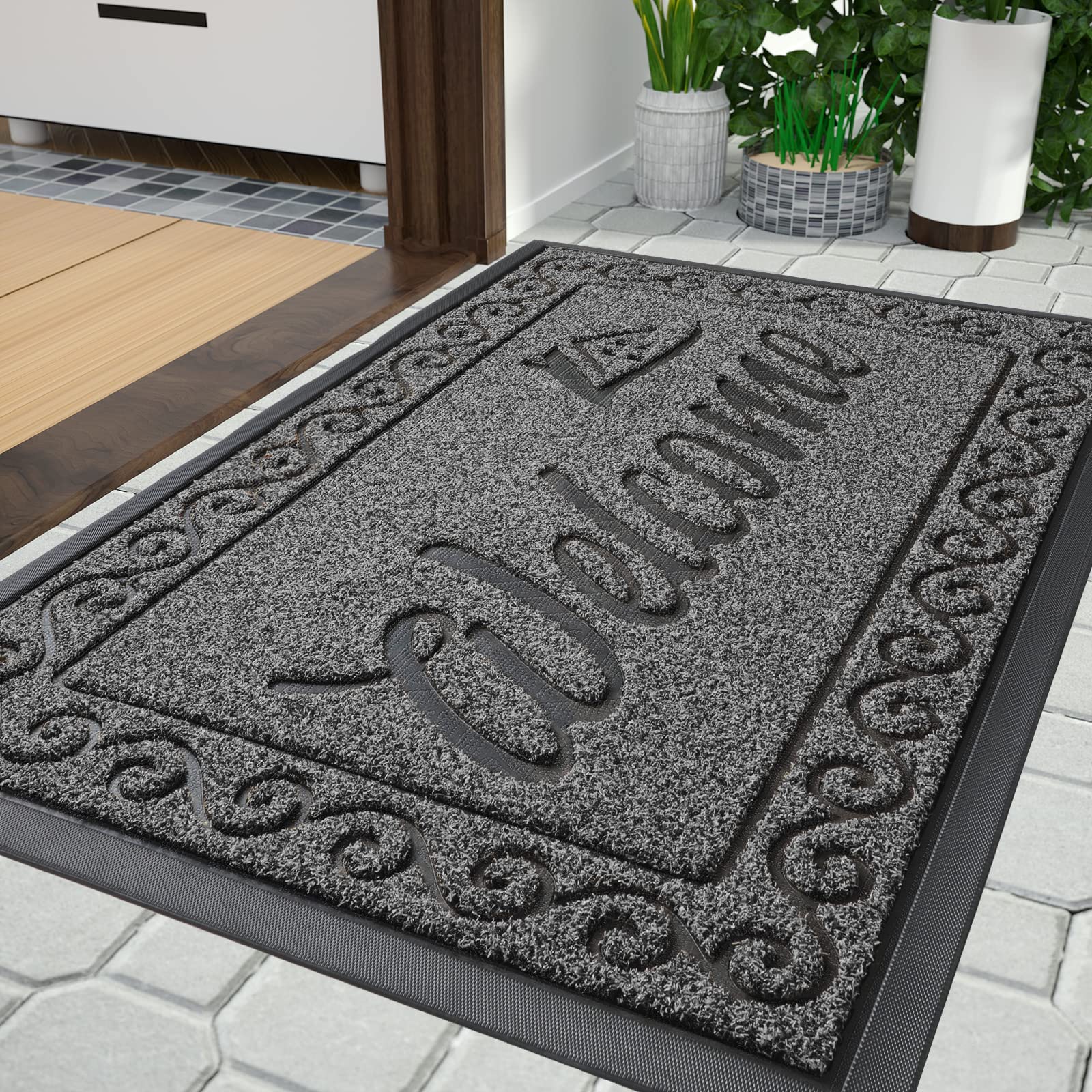 Yimobra welcome door mat, Heavy Duty Sturdy Front Mats for Home Entrance Outdoor Indoor,Non Slip Backing, Exterior Mats for Outside Patio Porch Farmhouse, Black Gray, 81 x 120 cm