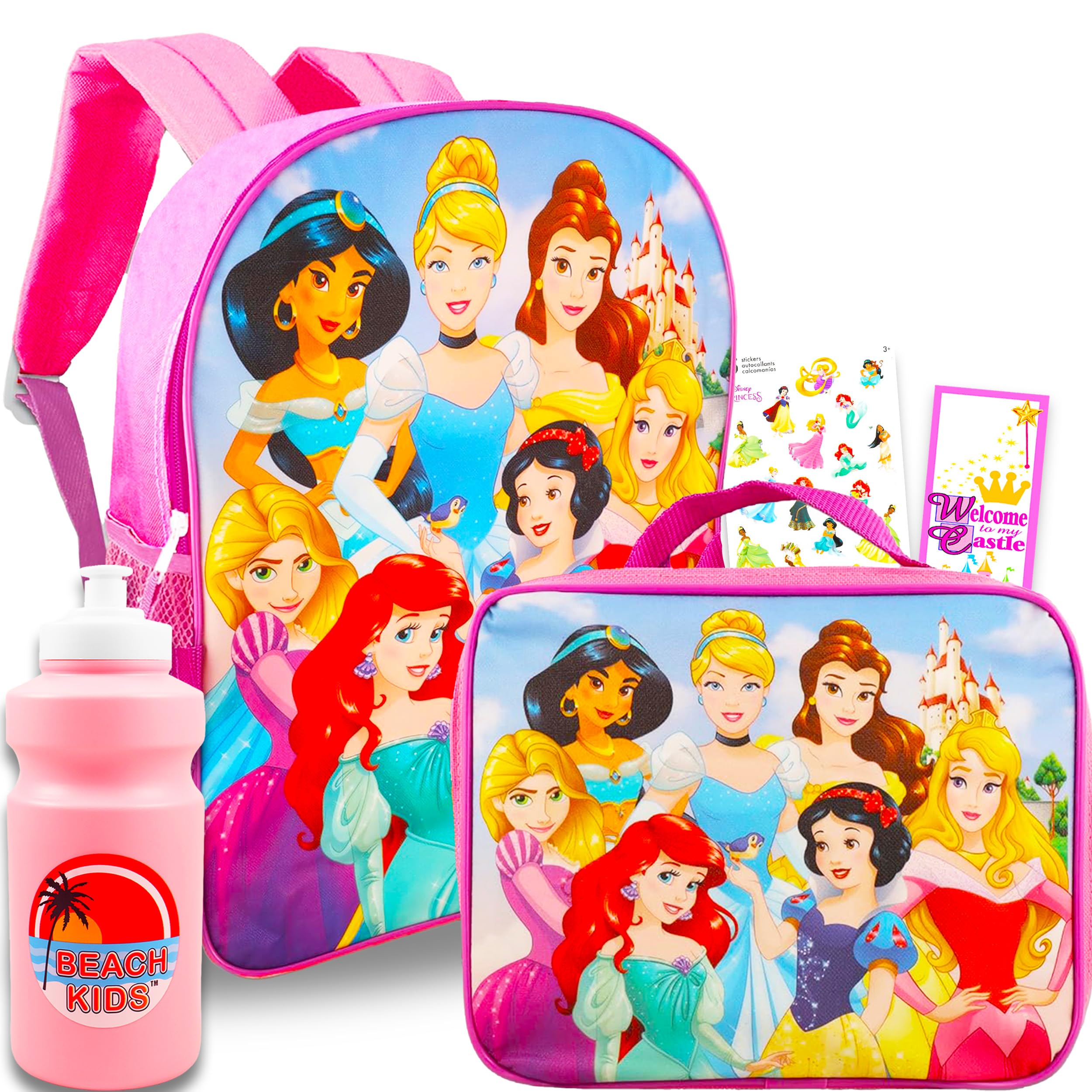 Photo 1 of Disney Princess Backpack with Lunch Box for Girls ~ 5 Pc Bundle With Deluxe 16" Princess School Bag, Lunch Bag, Water Bottle, and More (Disney Princess School Supplies)