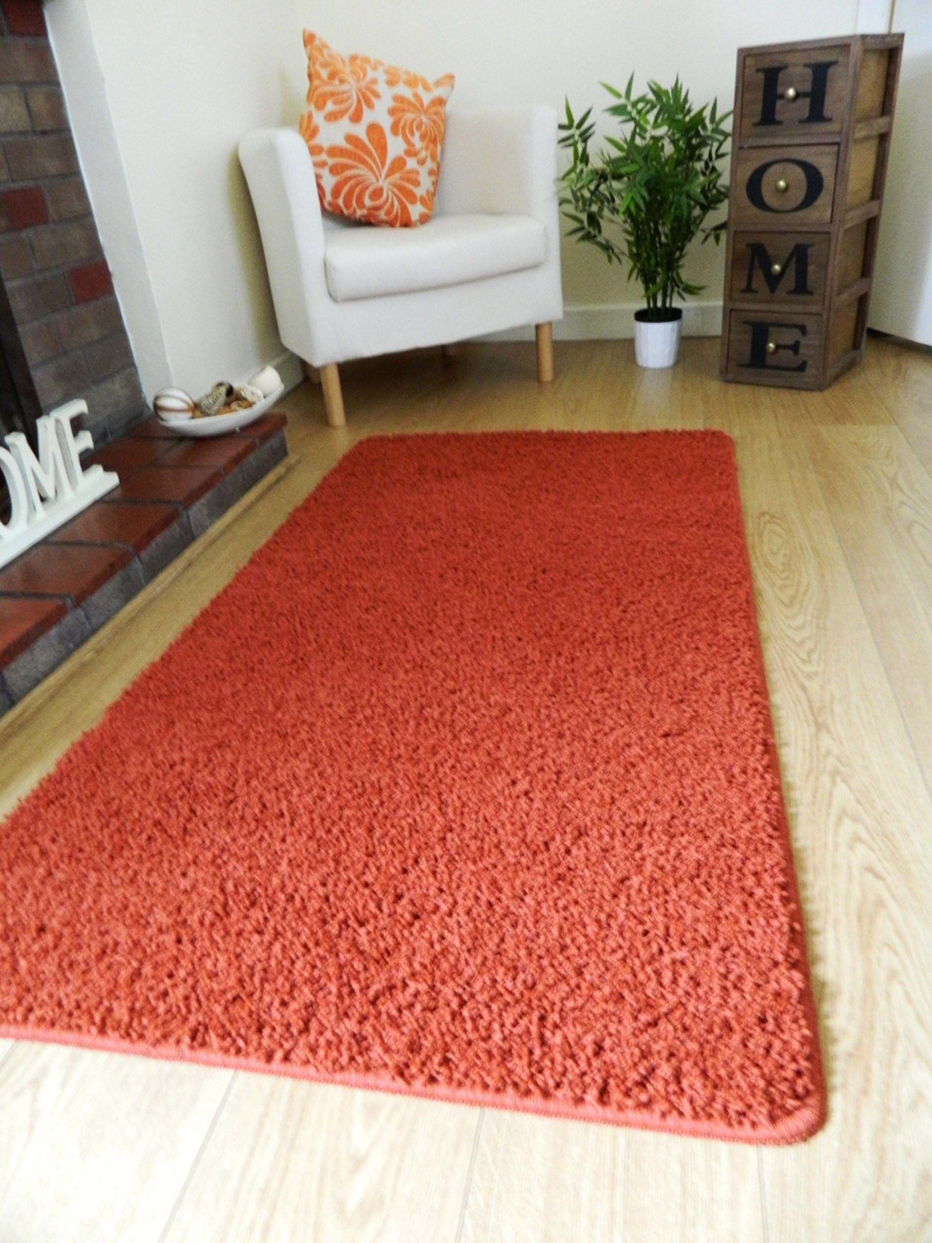 NEW SOFT PLAIN SHAGGY MATS MACHINE WASHABLE NON SLIP LARGE SMALL BEDROOM RUGS (66 x 120 cm) (TERRA)