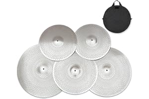 Low Volume Cymbal Pack, Quiet Cymbal Set, Silent Practice Cymbals for Drum 14''/16''/18''/20'' (5 Pcs, Silver) | FREE Cymbal 
