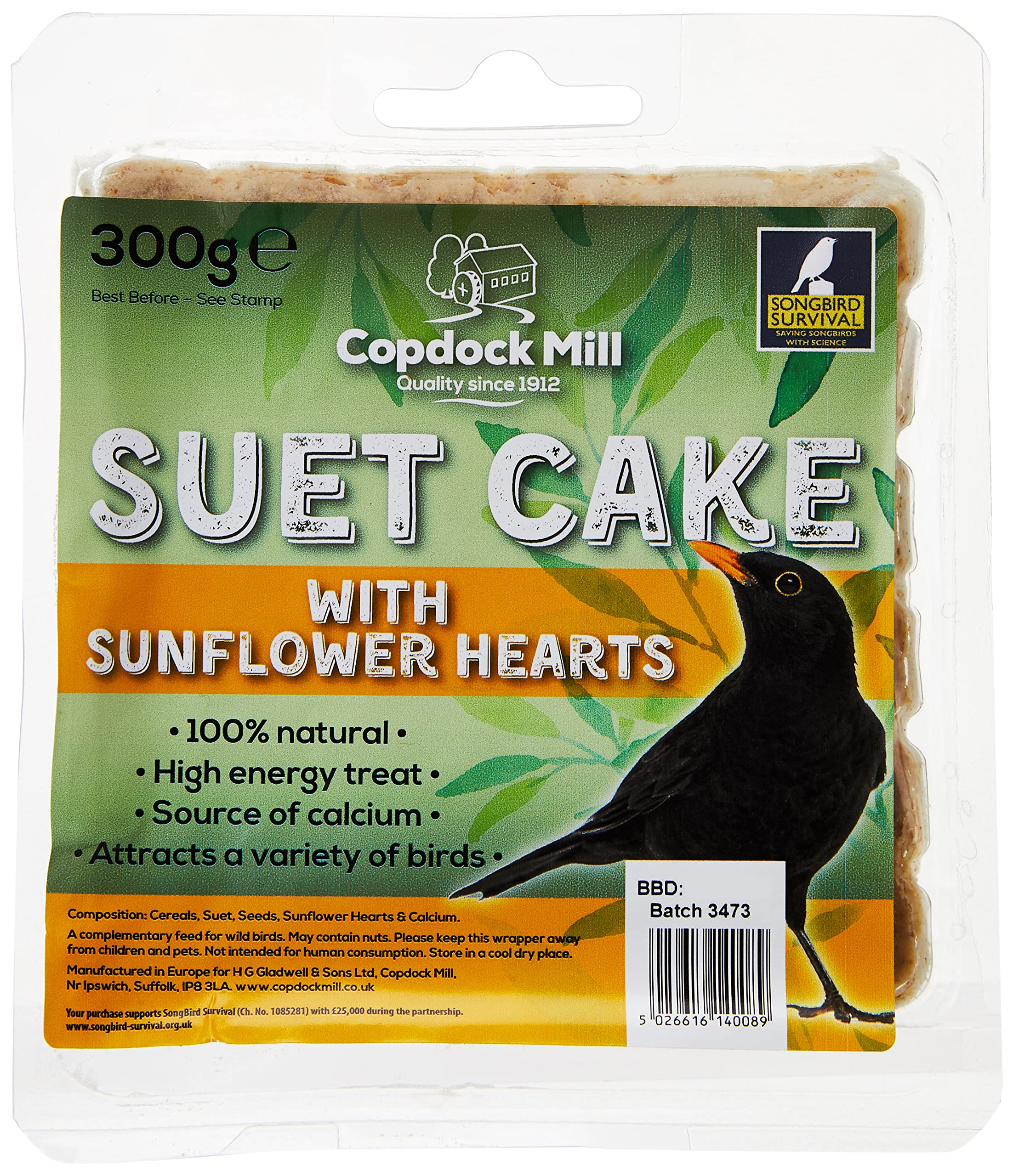Copdock Mill Suet Cake Tray with Sunflower Hearts 300g