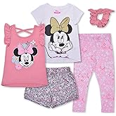 Disney Minnie Mouse Girls 5 Piece Set with 2 Tops, Leggings, Shorts & Scrunchie for Toddlers & Big Kids