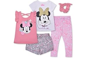 Disney Minnie and Mickey Girls Tank Top, T-Shirt, Short, Legging and Scrunchie Set for Toddler and Little Kids