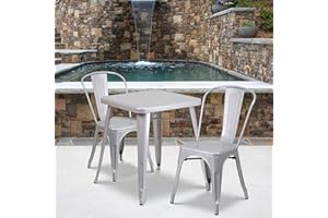 EMMA + OLIVER Commercial 23.75" Square Silver Metal Indoor-Outdoor Table Set-2 Stack Chairs