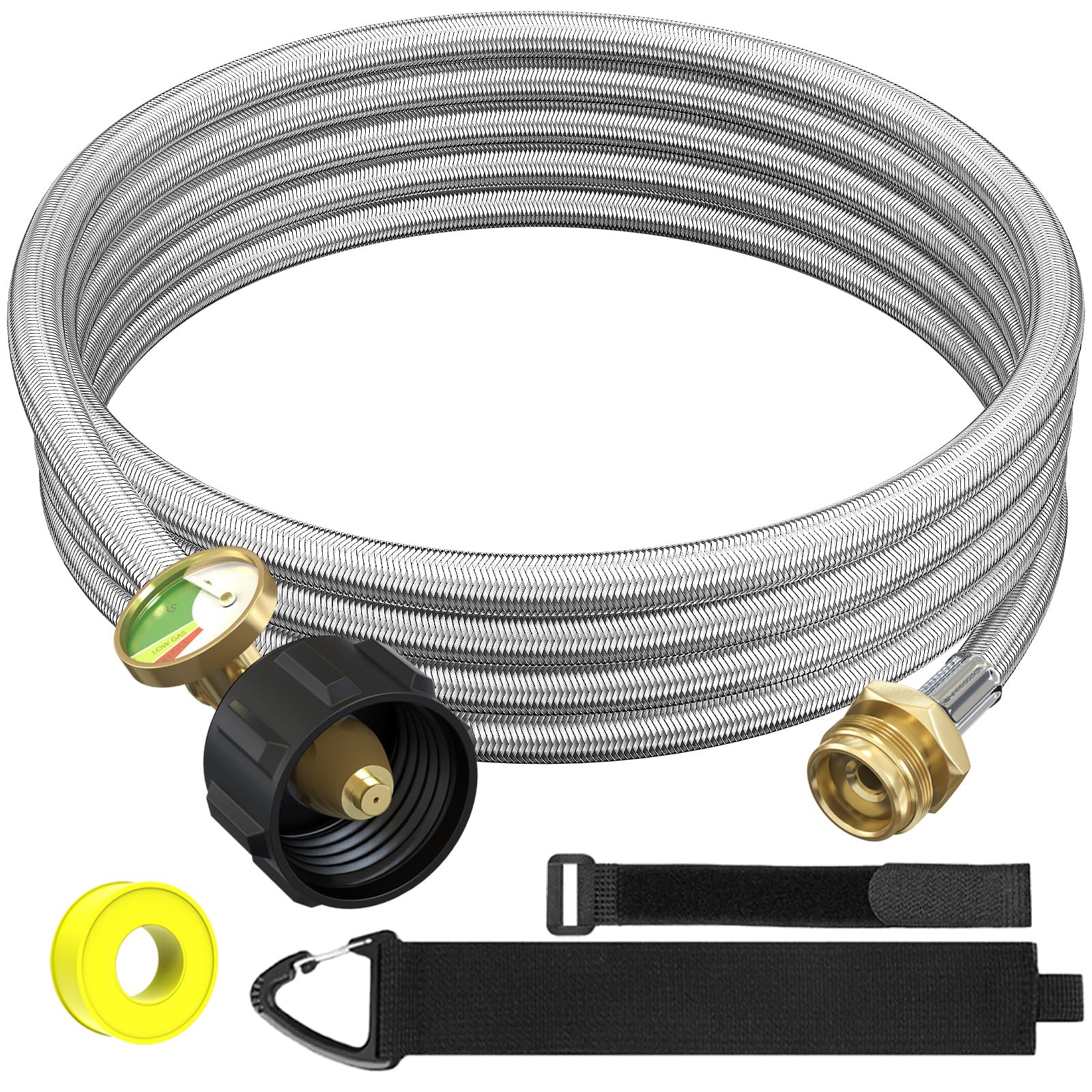Photo 1 of NQN 12FT Stainless Braided Propane Adapter Hose with Gauge, Propane Tank Hose Adapter 1lb to 20lb Converter for QCC1/Type1 Coleman Camp Stove, Buddy Heater, Tabletop Grill&More 1lb Portable Appliance