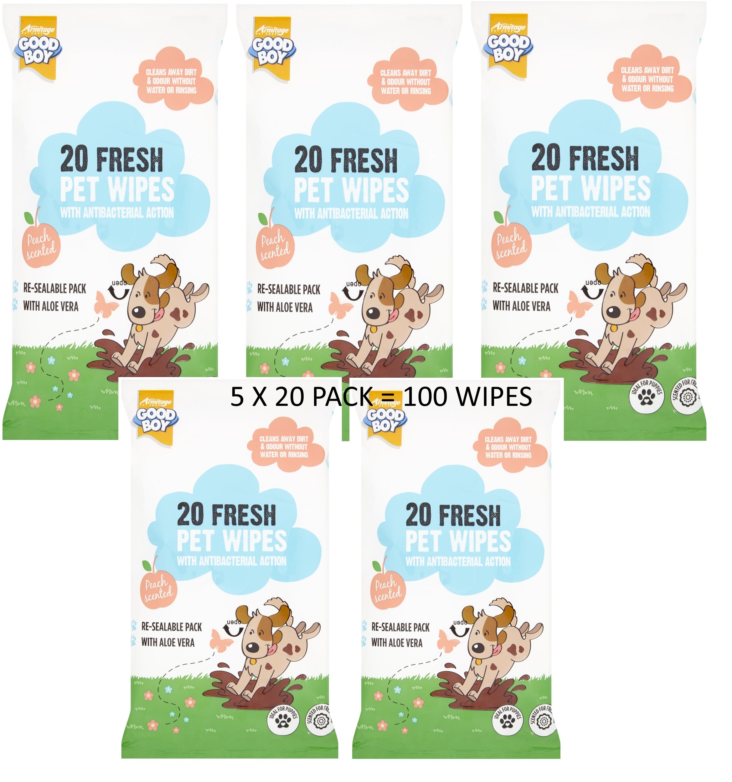 100 GOODBOY ANTI BACTERIAL PEACH SCENTED DOG PUPPY PET WIPES
