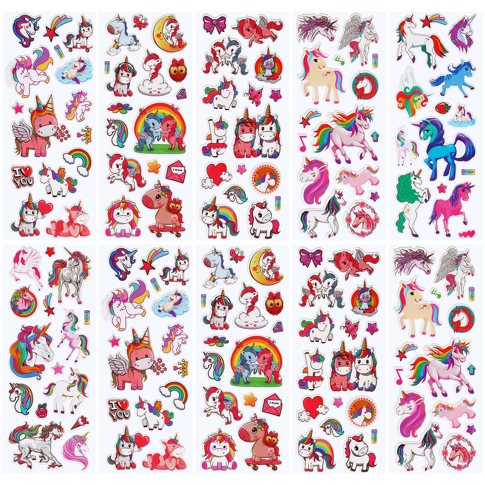 10 Sheets Unicorn Theme Stickers Unicorn 3D Puffy Stickers DIY Cartoon Unicorn Stickers for Reward Prizes Party Favors Supplies