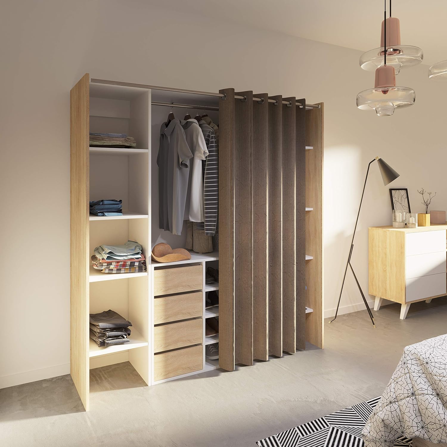 TemaHome Dressing 2 Colonnes et Bloc avec 4 Tiroirs Bois Chêne/Blanc