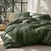 Bedsure Linen Duvet Cover Queen - Linen Cotton Blend Bedding Set, Soft & Cozy, 3 Pieces, 1 Duvet Cover 90x90 Inches and 2 Pillowcases, Olive Green Color Cooling Bedding, Comforter Sold Separately