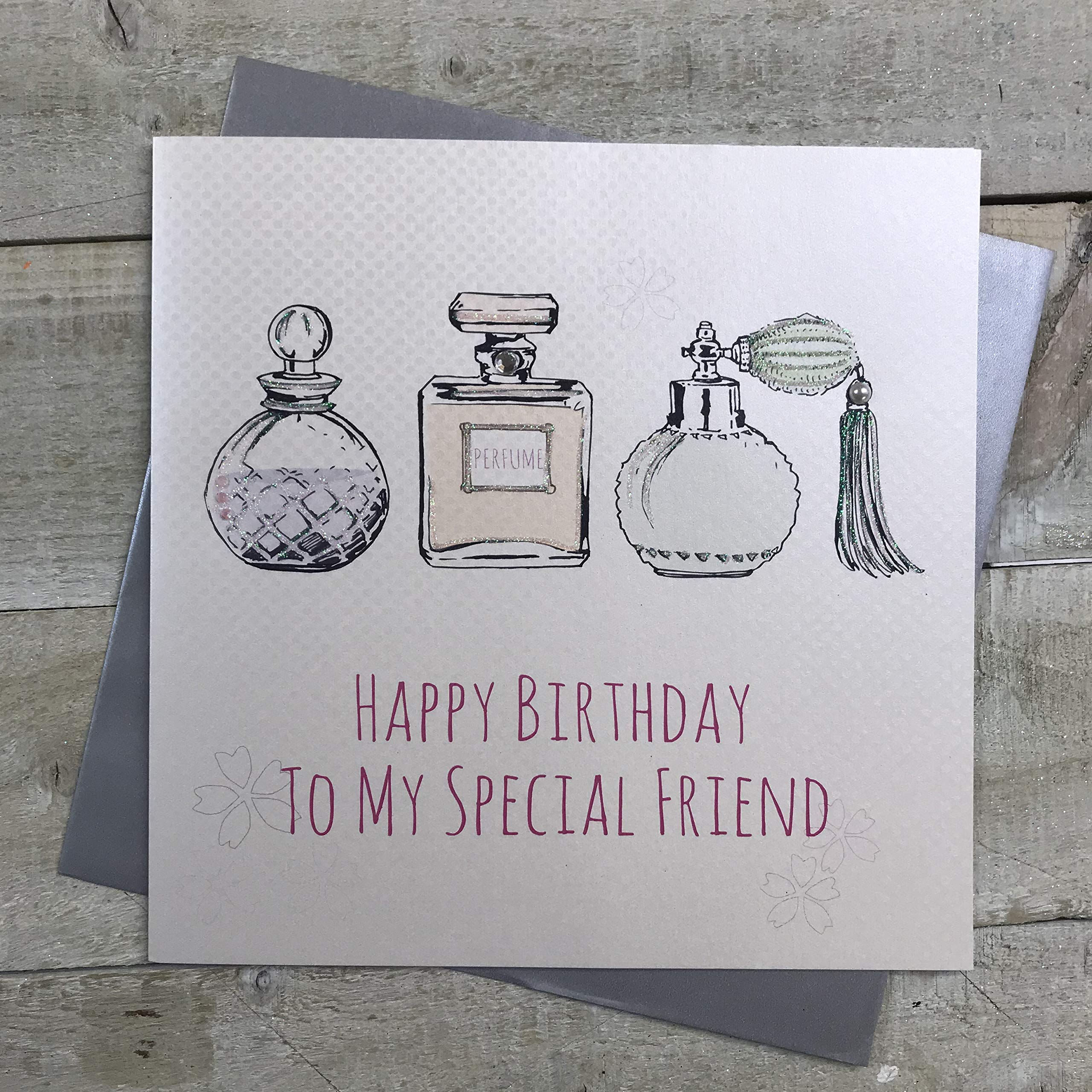 WHITE COTTON CARDS Large Perfume Bottles, Happy Special Friend Handmade Birthday Card, XE4a-SF, 22cm x 22cm