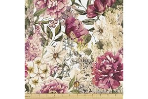 Ambesonne Floral Fabric by the Yard, Vintage Peony Flowers Leaves Watercolor Look Romantic Arrangement Painting Print, Decora
