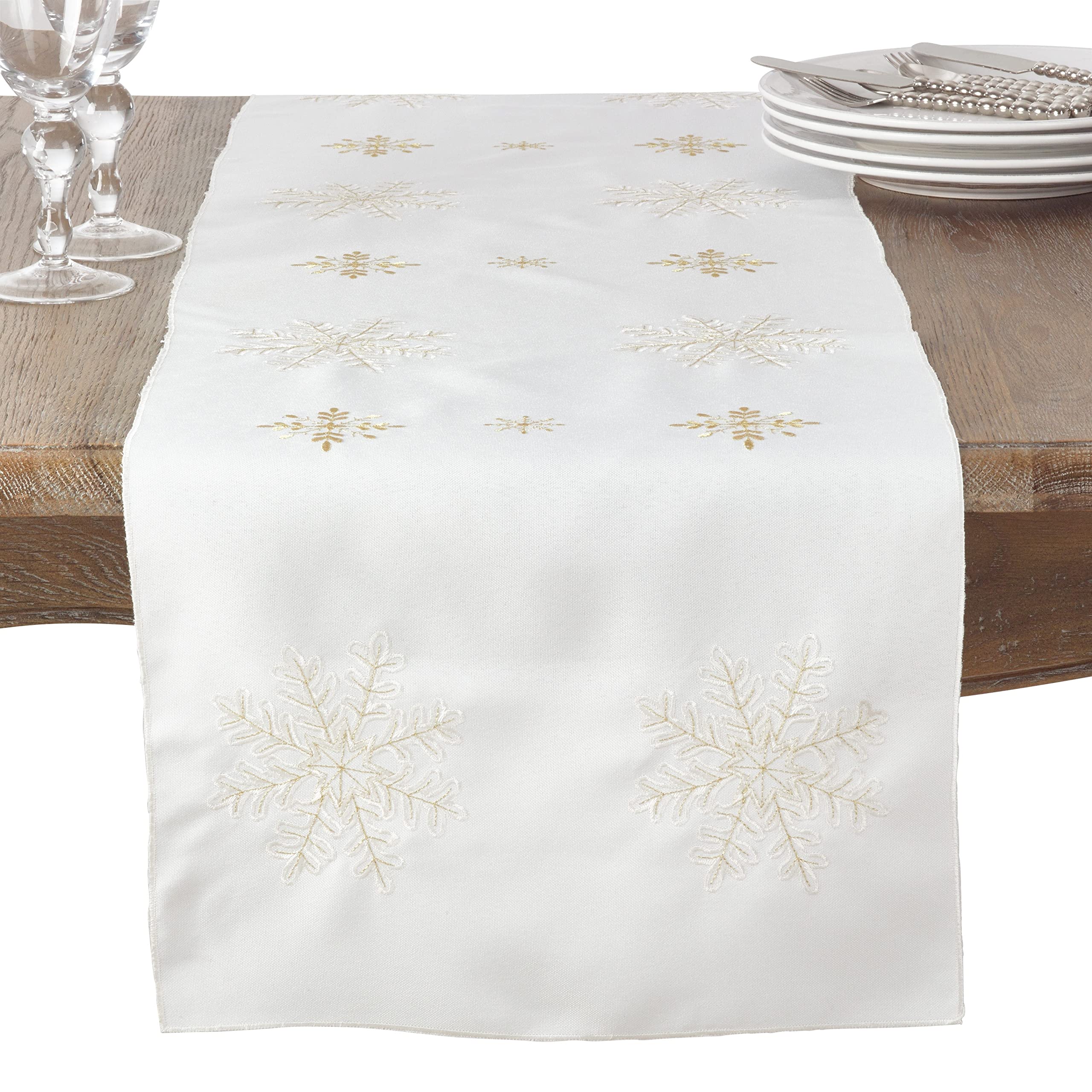 SARO LIFESTYLE 116.I16120B Neve Collection Embroidered Snowflake Christmas Holiday Table Runner, 100% Polyester, Ivory