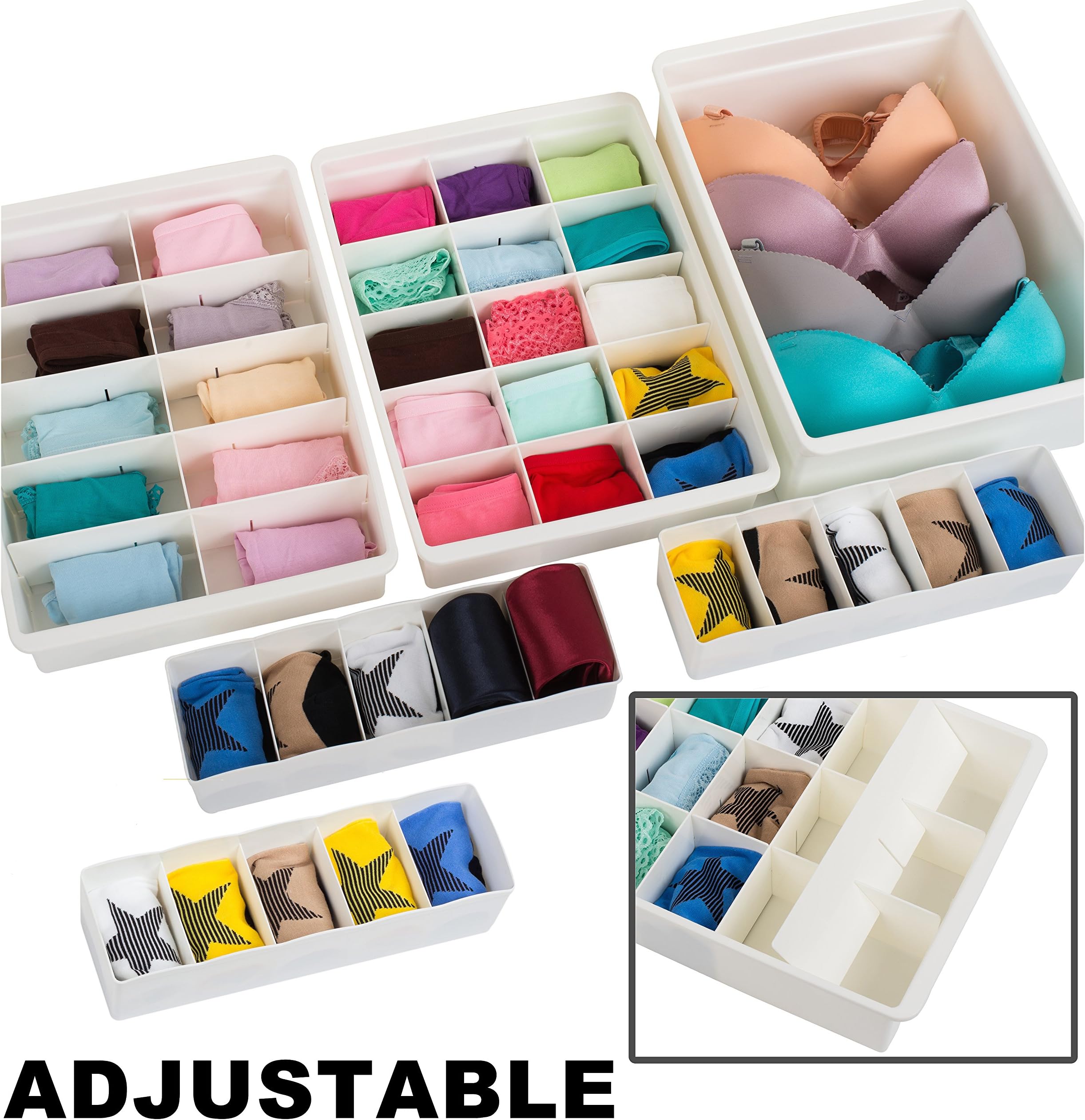 Uncluttered Designs Adjustable Drawer Organizers (6 Set) With Customizable Dividers In Stackable Durable Plastic For Underwear Crafts Baby Clothes Office Bathroom & Under Sink Storage (White)