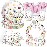 140Pcs Wildflower Party Supplies Tableware Set Wildflower Paper Plates and Napkins for Baby Shower Birthday Wedding Tea Party Decorations Floral Plates, Serve 20 Guests