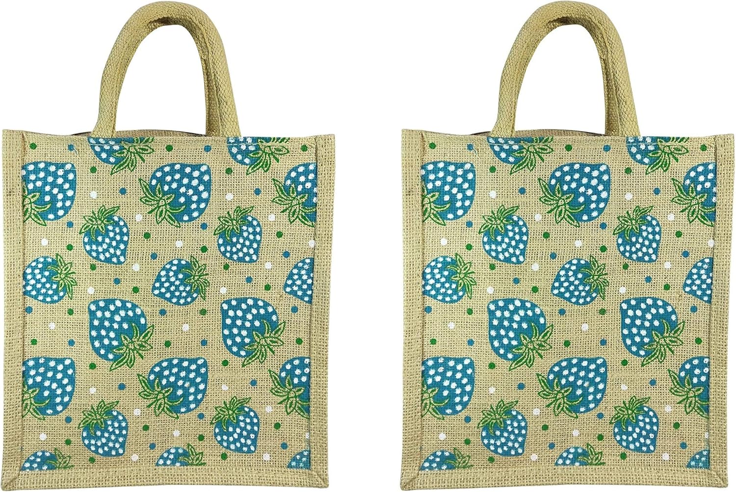 Ayesha Strawberry Print Jute Bag, Tiffin Bag Multicolor Handheld Jute