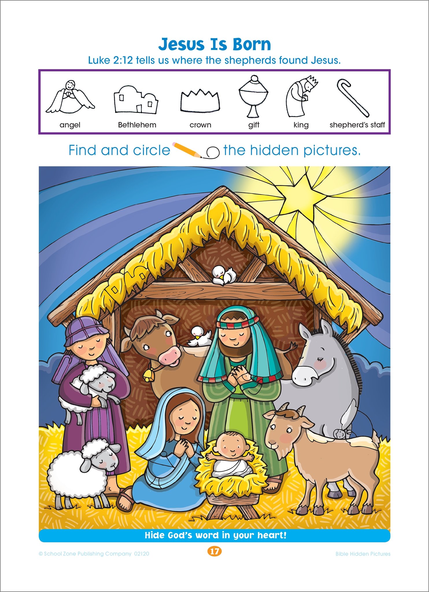 School Zone Bible Hidden Pictures! Workbook: 32 Pages, Preschool, Kindergarten, Christian Scripture, Old & New Testament, Search & Find, Picture Puzzles, Ages 4 to 6