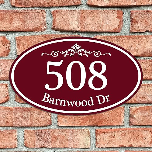 Custom Aluminum Oval Address Sign – 12 X 7 Inch House Number Plaque With Exterior Mounting Tape, Black Background, White Text, Personalized