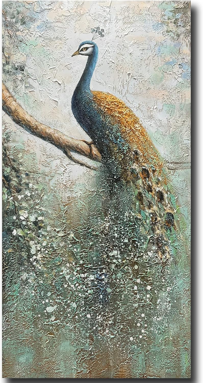 Paintings - V-inspire Art,24x48 Inch Modern Abstract Wall Art Vivid Peacock Hand-Painted Oil Painting Acrylic Canvas Art Colorful Animal Living Room Bedroom Decoration