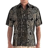 Johari West Hawaiian Short Sleeve Cotton Button-Down Batik Shirt for Men (Geometric Forest)