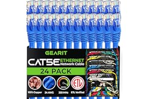 GearIT 24-Pack, Cat5e Ethernet Patch Cable 6 Feet - Snagless RJ45 Computer LAN Network Cord, Blue - Compatible with 24 48 Por