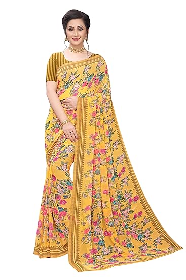 Womens Georgette Printed Saree With Blouse(siya-1468-b,Yellow)