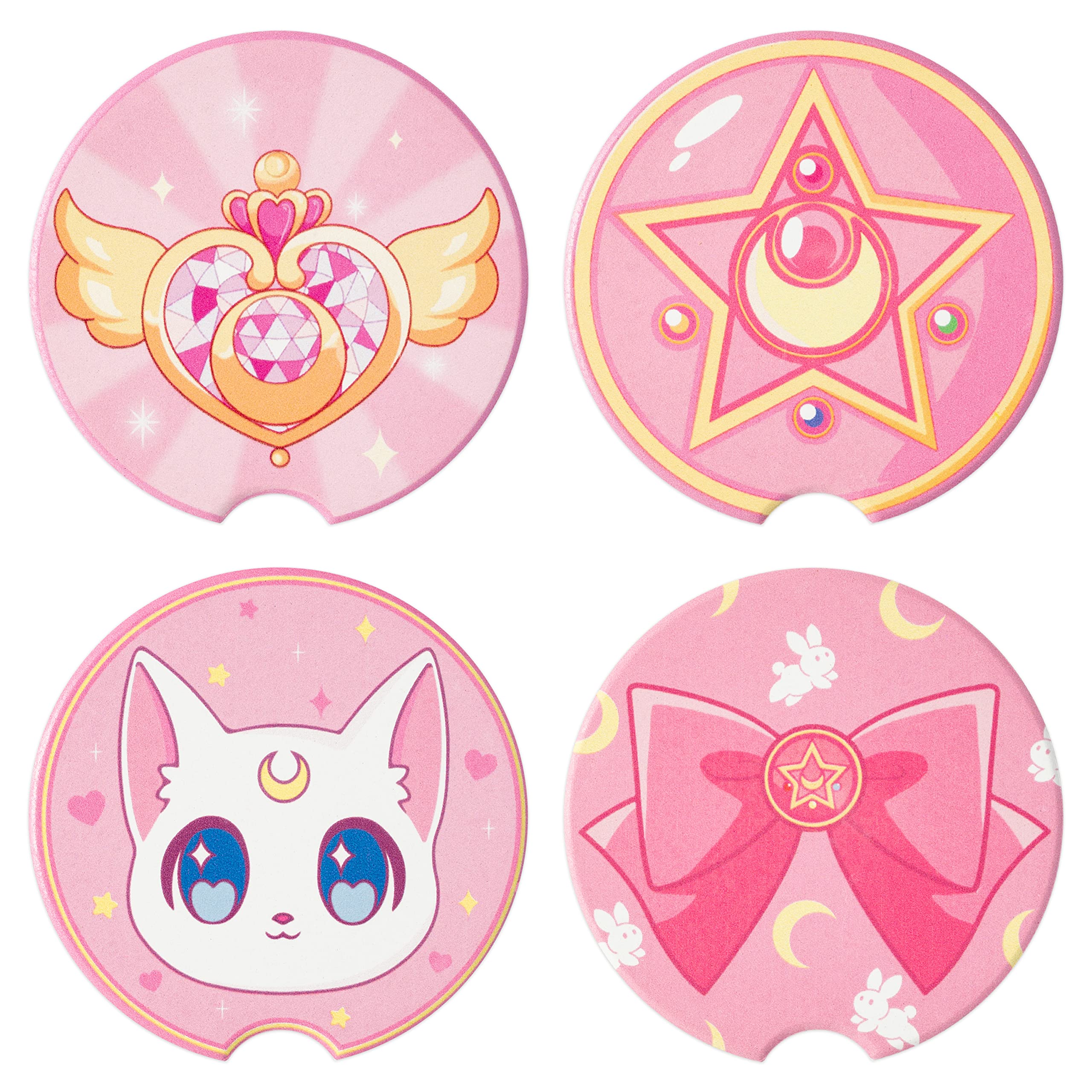 L1rabe 4Pcs Anime Moon Cat Car Coasters with Finger Notch Aesthetic Moon Cat Shaped Absorbent Ceramics Heat Resistant Anti Slip Cork Base Car Drinks Coasters Auto Accessories Birthday New Year Gifts