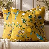 MUSSEL Mustard Yellow Floral Decorative Pillow Covers 18x18 Set of 2 | Soft Velvet,Wild Flower Plant,Throw Pillows Case,Square,Colorful Farmhouse Cushion Covers,Home Sofa Bed Couch Decor