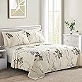 Marina Decoration Ultra Soft Silky Deep Pocket Rich Printed Bedding Rayon Derived from Bamboo All Season 6 Pieces Sheet Set with 4 Pillowcases, Blue Chrysanthemum Floral Pattern Queen Size