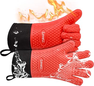 Loveuing Oven Gloves Heat Resistant Silicone Cotton Double Layer 1 Pair