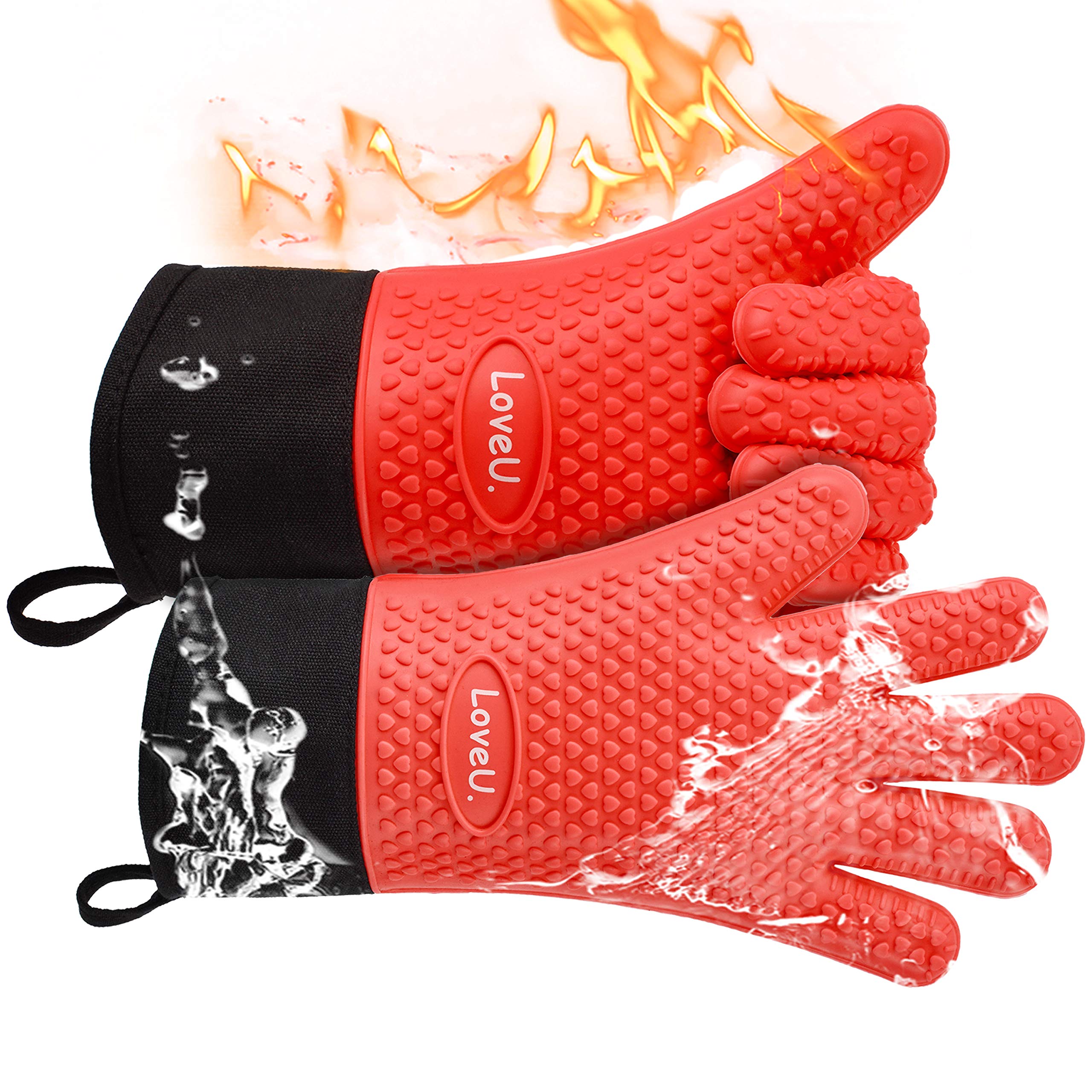 Oven Gloves Heat Resistant, Silicone & Cotton Double Layer BBQ Gloves Non-slip Kitchen Gloves Waterproof Flexible Oven Mitts - Perfect for Baking Barbecue Pizza, 1 pair