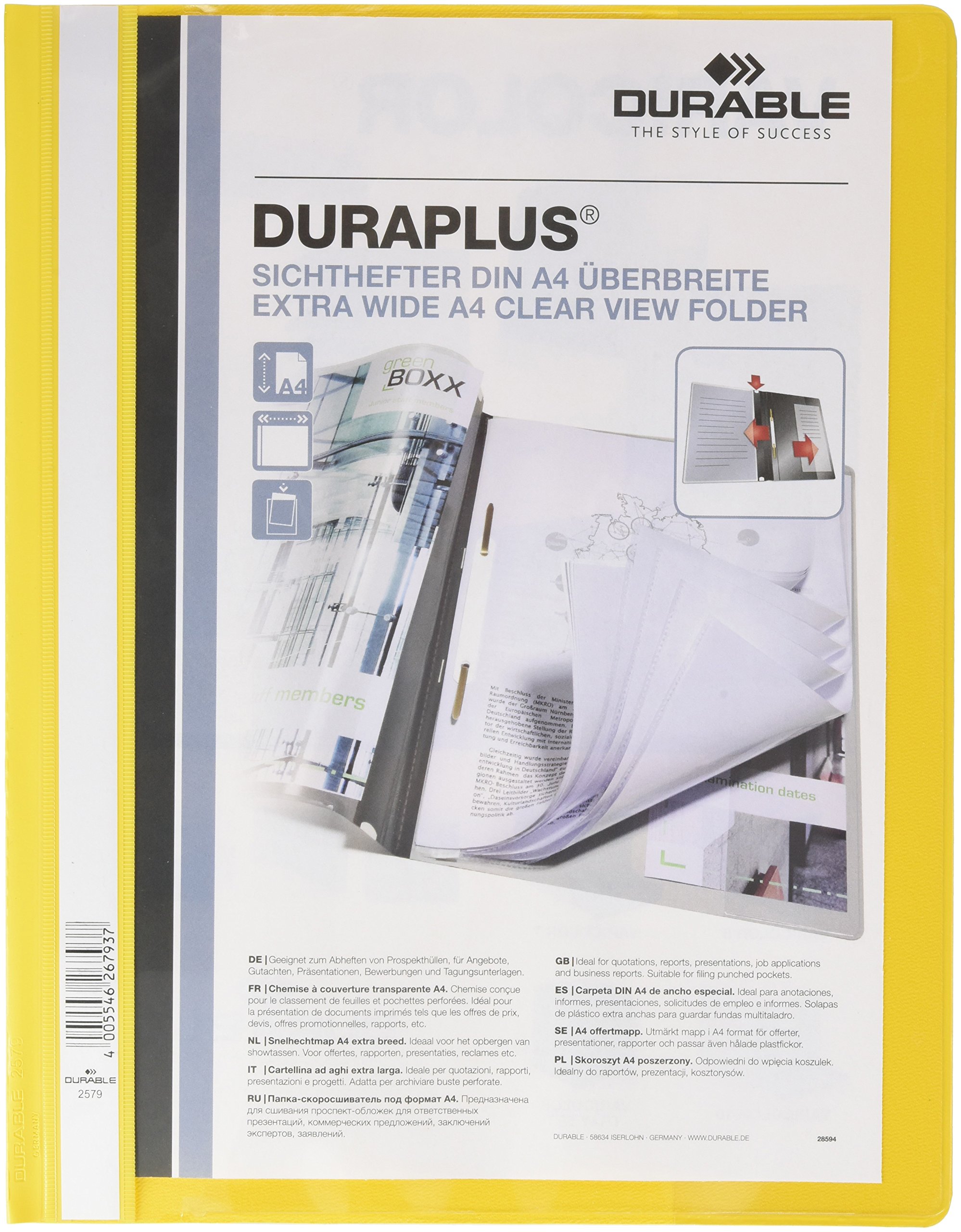 Durable DURAPLUS Presentation Folder - Pack of 25 A4 Yellow Folders - Ideal for Storing Presentations, Invoices, Quotations, School Work & More