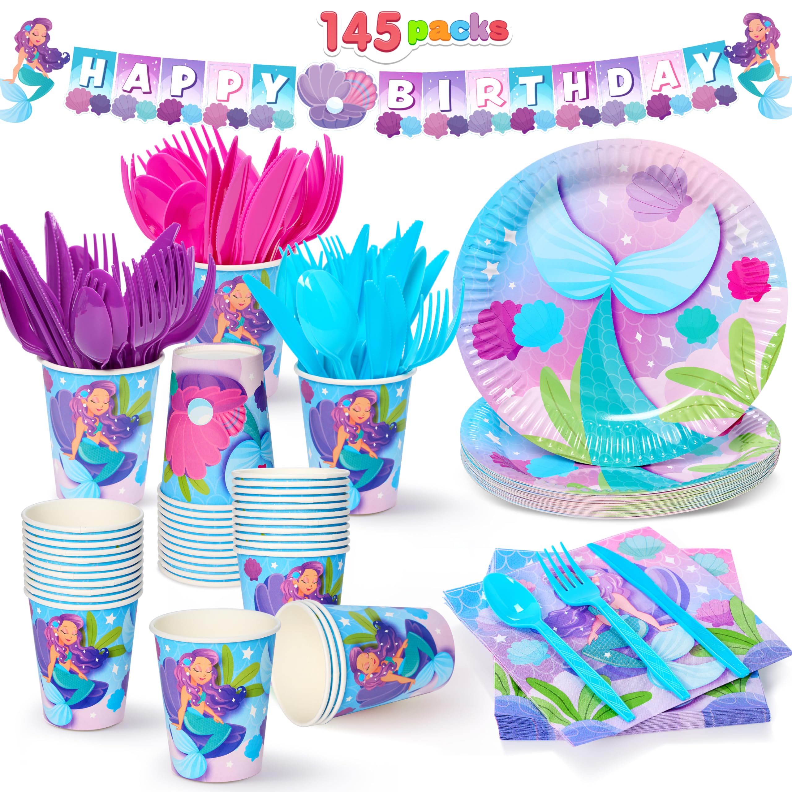 JOYIN 145 Pcs Mermaid Birthday Party Supplies with Banner, 24 Serves Mermaid Tableware Set with Plates, Cups, Napkins, and Cutlery Sets for Mermaid Themes Party Kids 6 7 8 Years