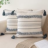 Boho Throw Pillow Covers 18x18 Set of 2 Woven Tufted Farmhouse Pillows Cover with Tassels Textured Striped Cushion Case Neutral Pillow Cases Decorative Pillowcase for Sofa, Couch, Bed, Dark Blue