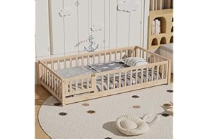 i-POOK Twin Floor Bed for Children, Sturdy Wood Montessori Bed Frame with Wood Slats, Fence & Door, Montessori Floor Bed for Girls and Boys, Natural