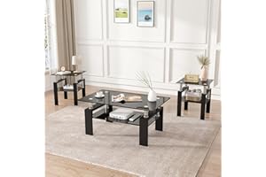 FOUREA 3 Piece Living Room Table Set, Glass Coffee Table and End Table Set of 3, Coffee Table Set with Tempered Glass & Metal Legs for Livingroom Table, Bedroom Nightstand. (Style 1, Black Glass+Black Leg)