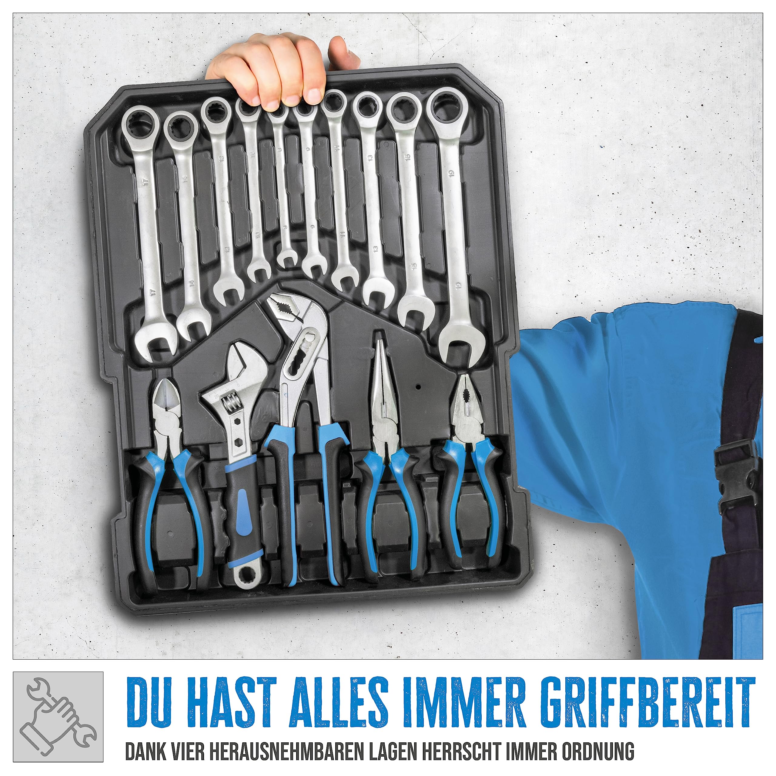 Güde 39004 Werkzeug-Trolley GWZT 500 (500-teiliges Werkzeugset aus Chrom-Vanadium- und Carbon-Stahl in praktischem Rollkoffer) Blau Schwarz 4